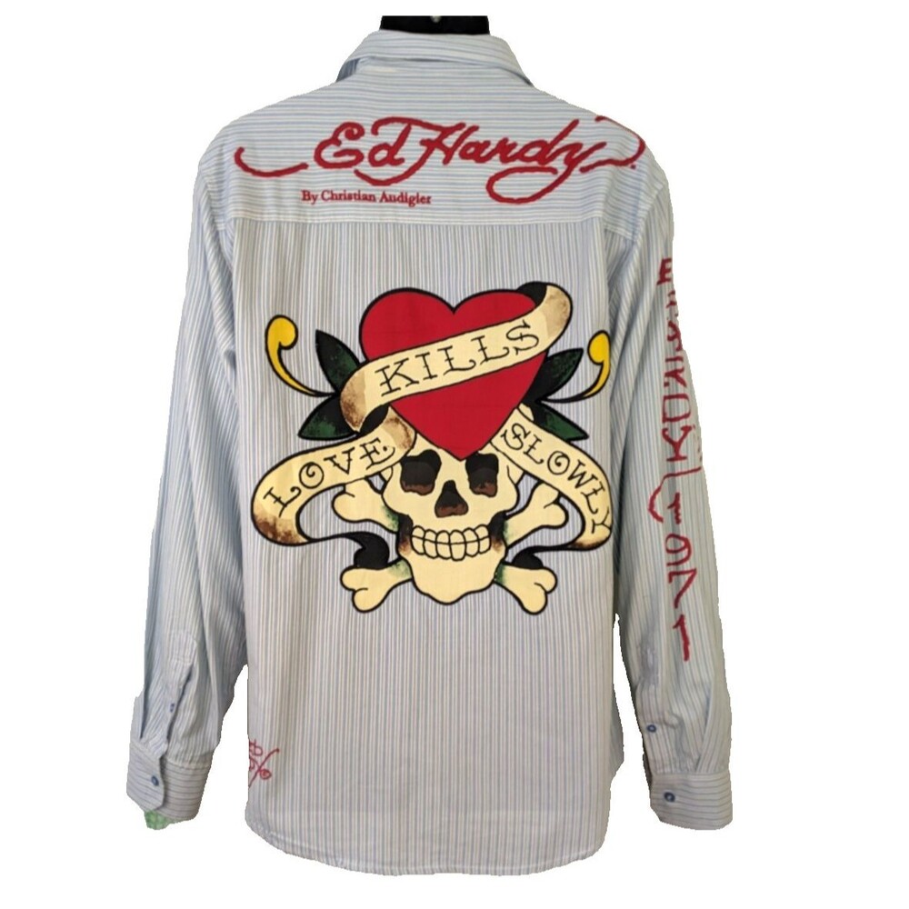 Ed Hardy Christian Audigier Mens LG Blue Striped Skull Embroidered Shirt